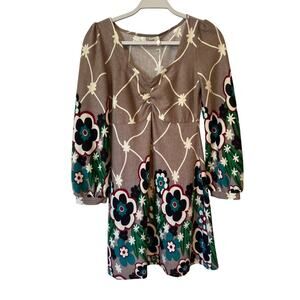 Papaya Grey Floral Retro Dress Women’s Medium 3/4 Sleeve V-Neck Stretch Knit